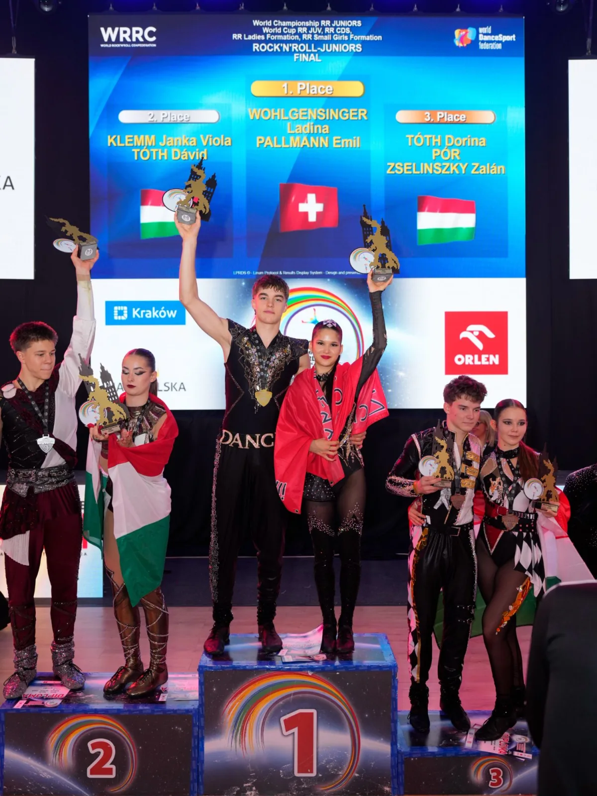 Ladina W. et Emil P., champions du monde Juniors, sur la plus haute marche du podium à Cracovie, le drapeau suisse sur les épaules.
